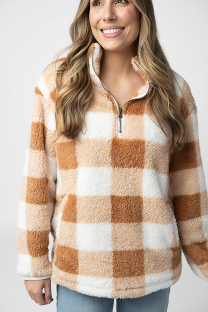 Sherpa Plaid Pullover - Camel