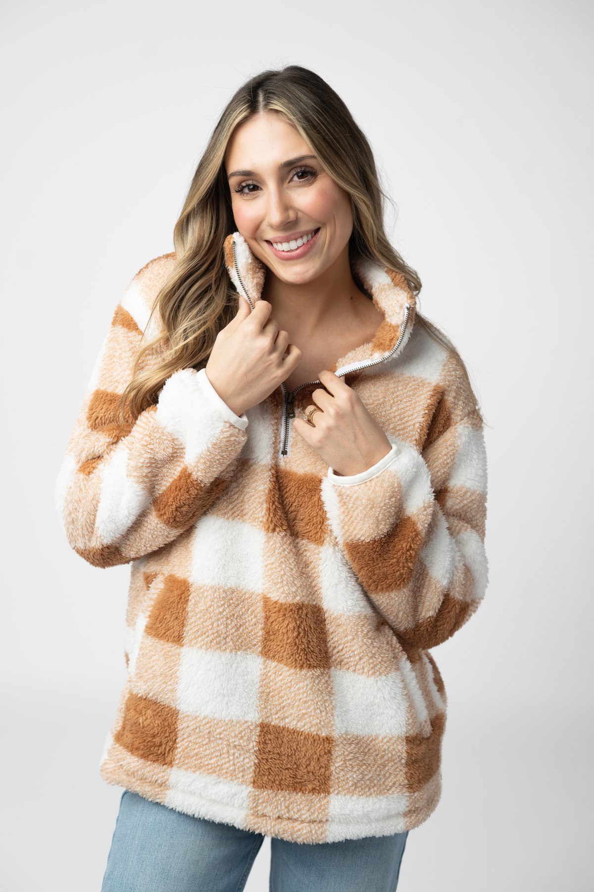 Sherpa Plaid Pullover - Camel