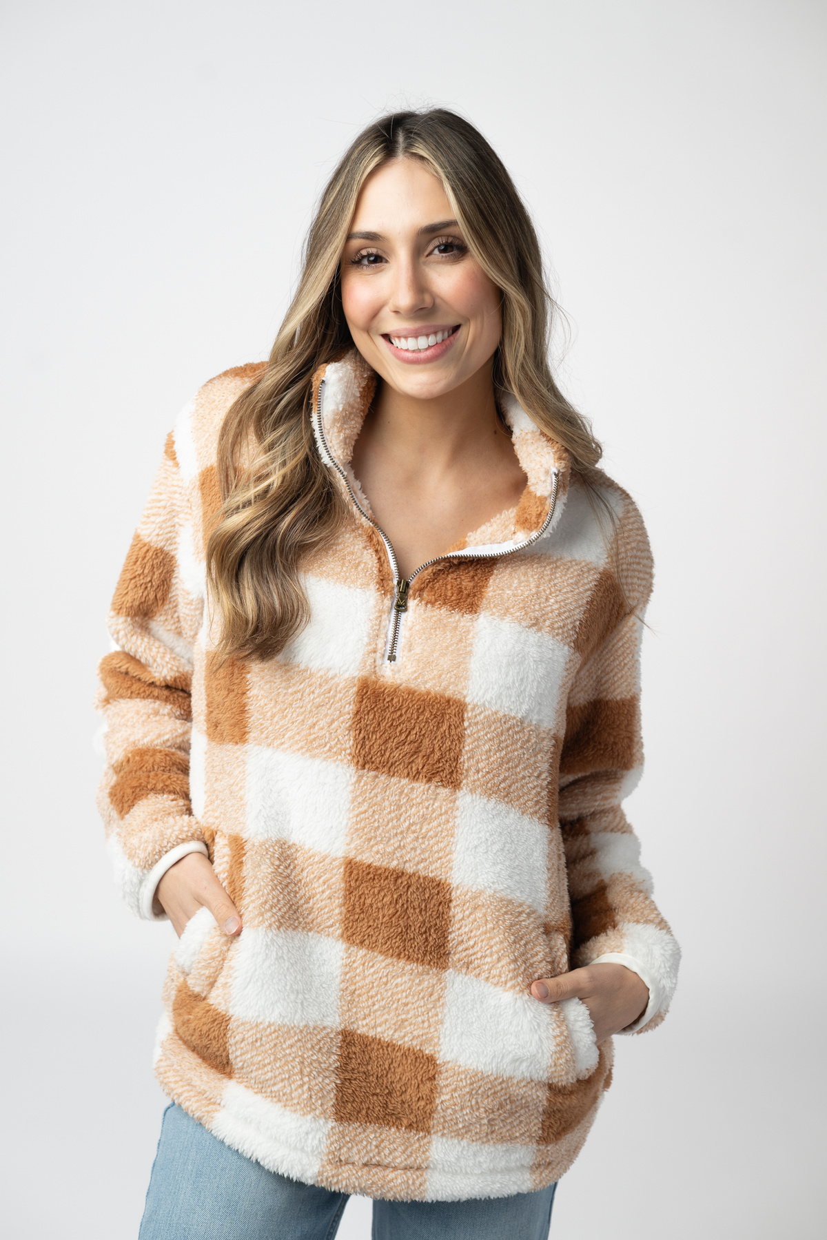 Sherpa Plaid Pullover - Camel