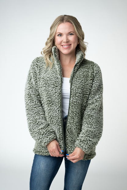 Two Tone Fullzip Sherpa - Olive and White