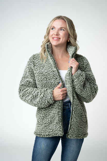 Two Tone Fullzip Sherpa - Olive and White