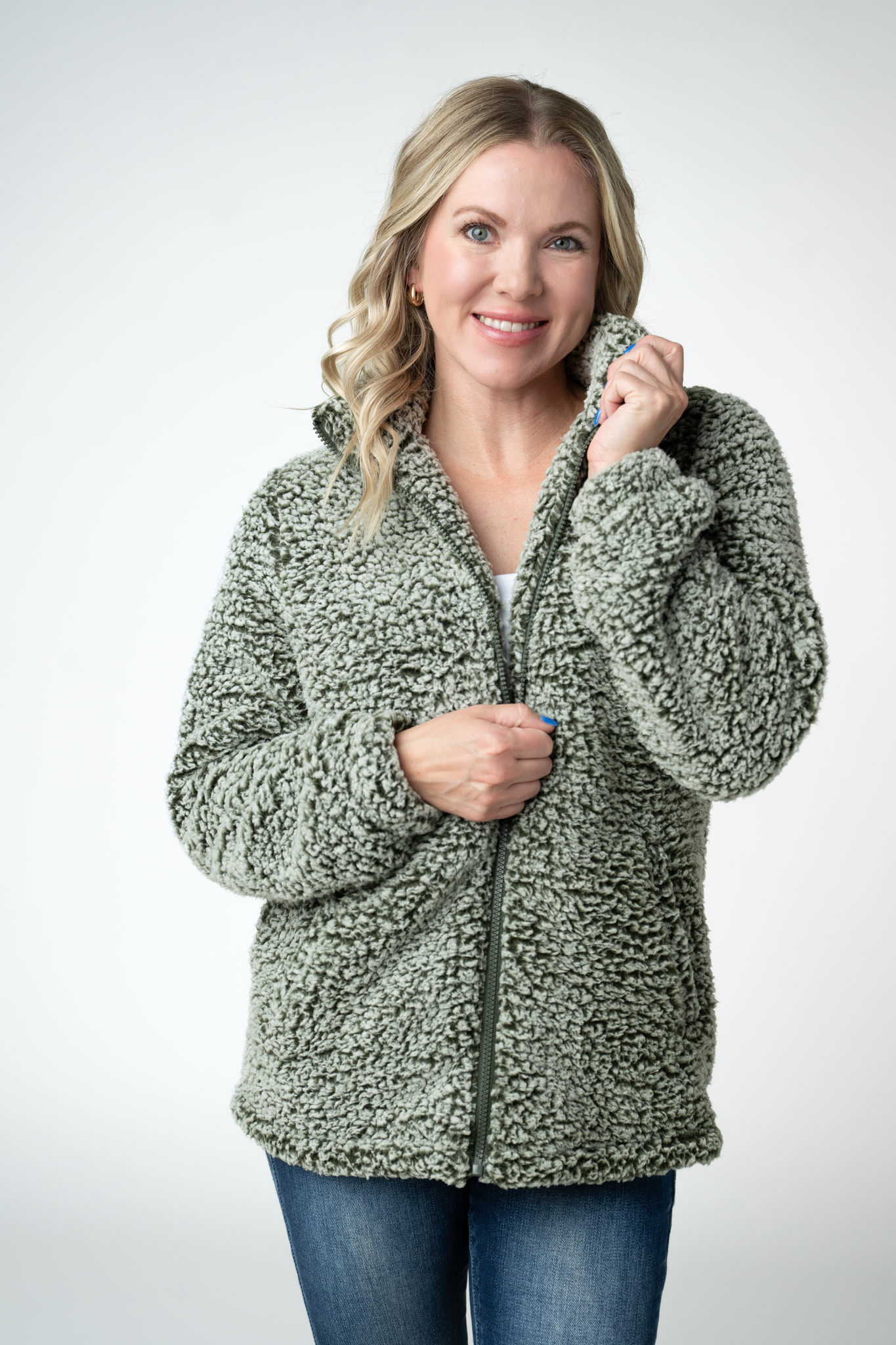 Two Tone Fullzip Sherpa - Olive and White