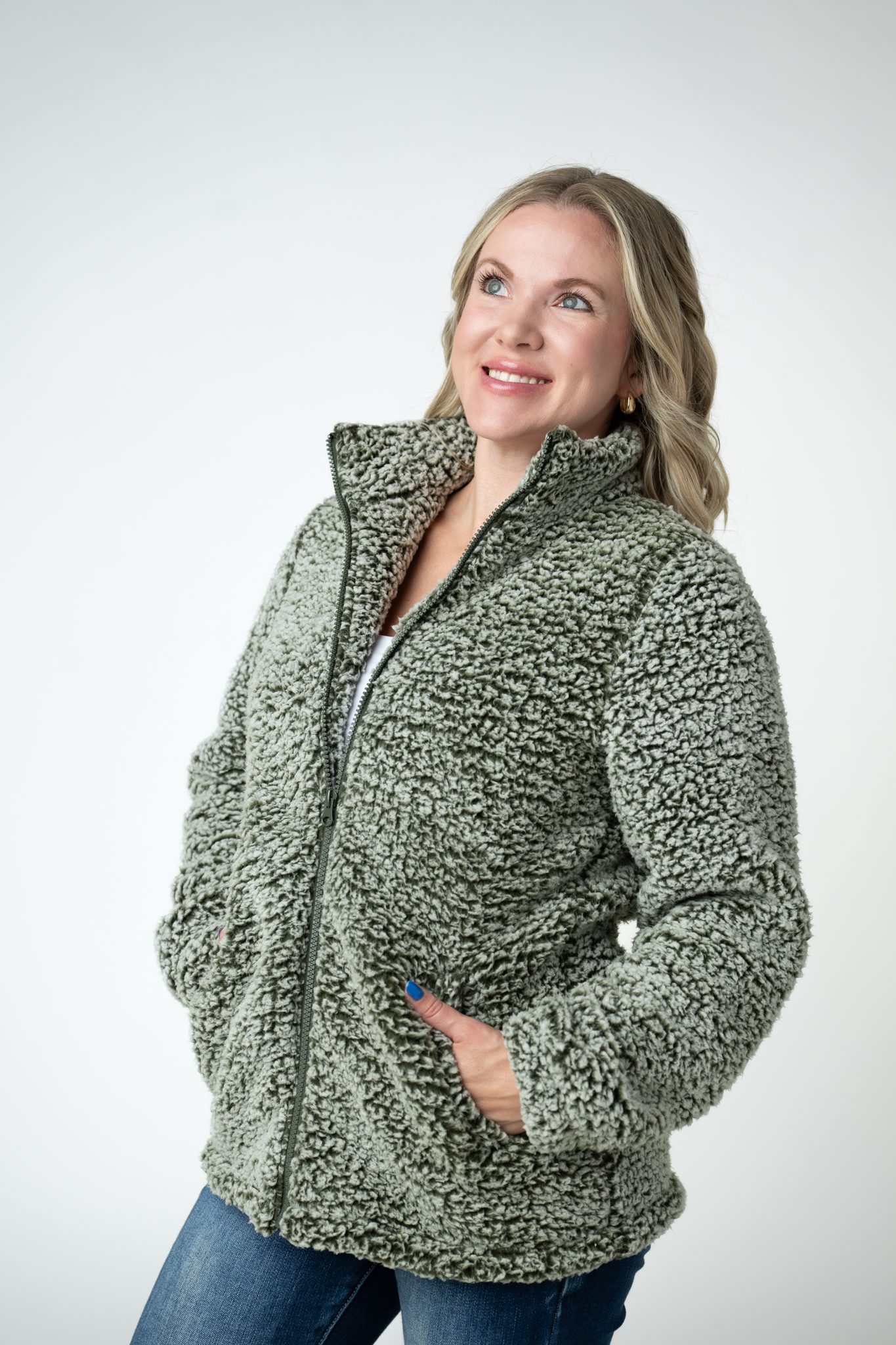 Two Tone Fullzip Sherpa - Olive and White