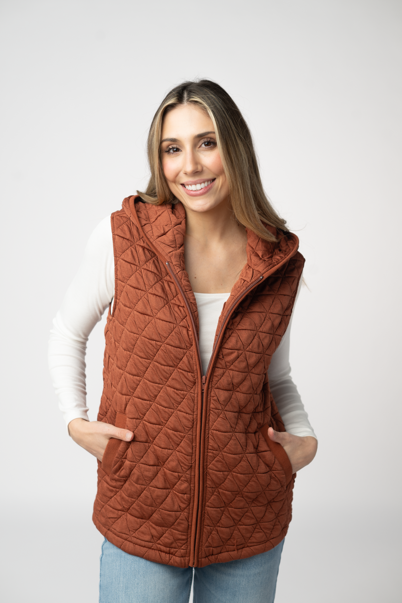 Heather Geometric Hooded Vest - Rust