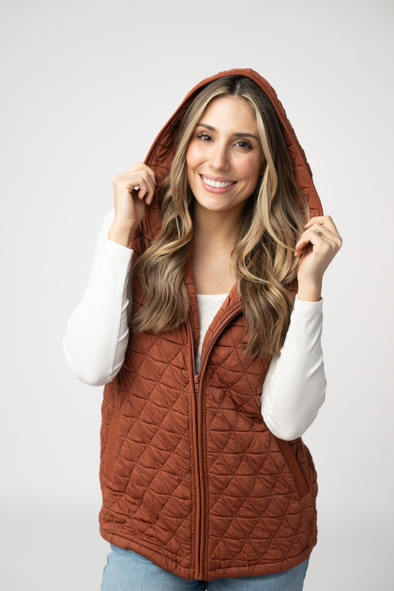 Heather Geometric Hooded Vest - Rust