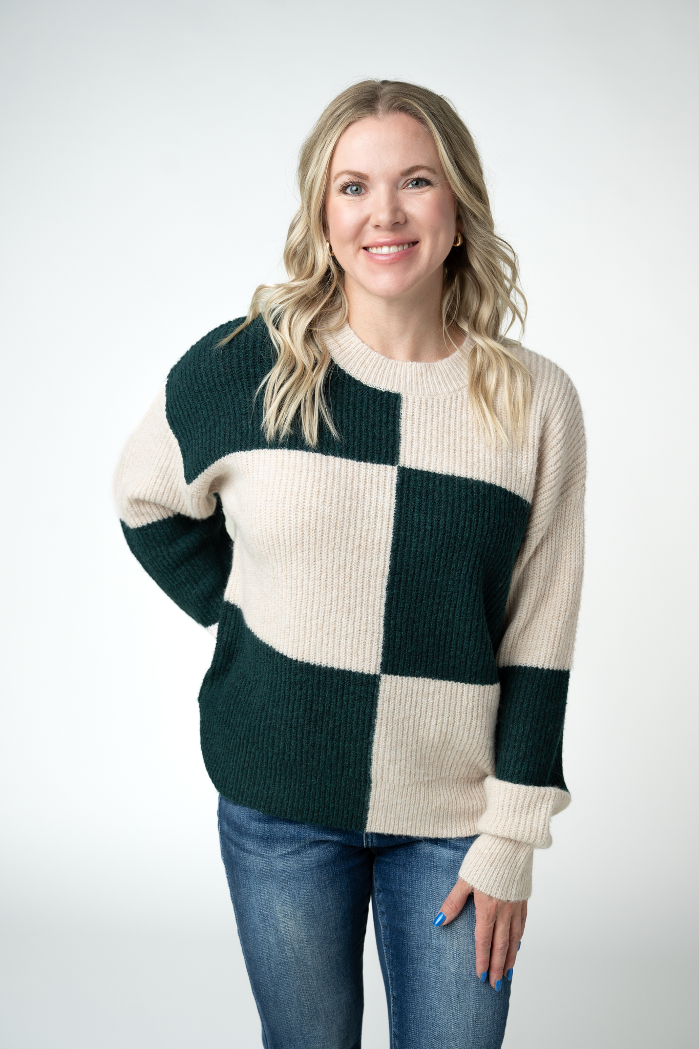 Checkered Block Sweater - Cream and Evergreen