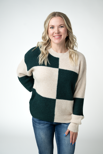 Checkered Block Sweater - Cream and Evergreen