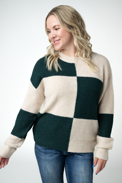 Checkered Block Sweater - Cream and Evergreen