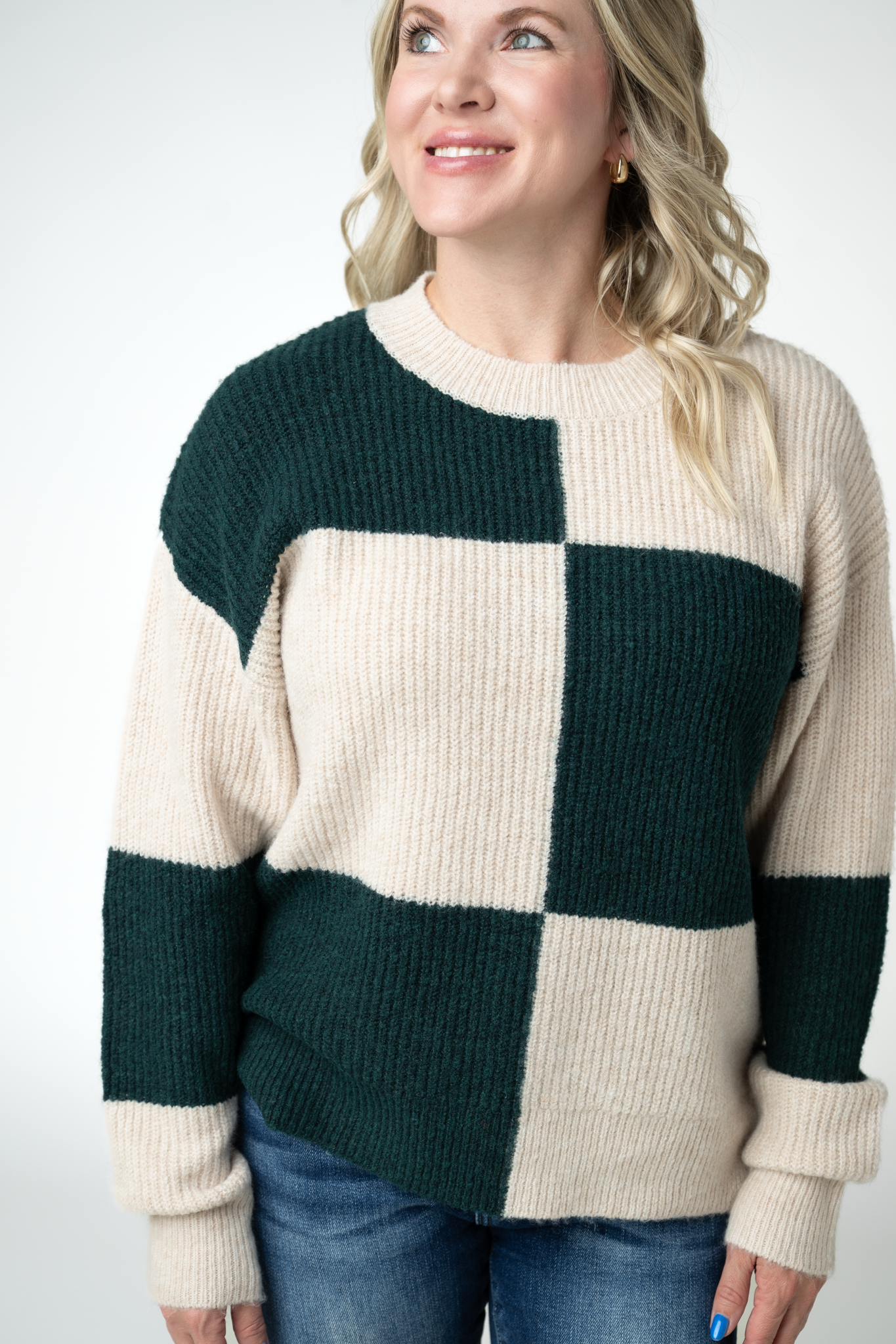 Checkered Block Sweater - Cream and Evergreen