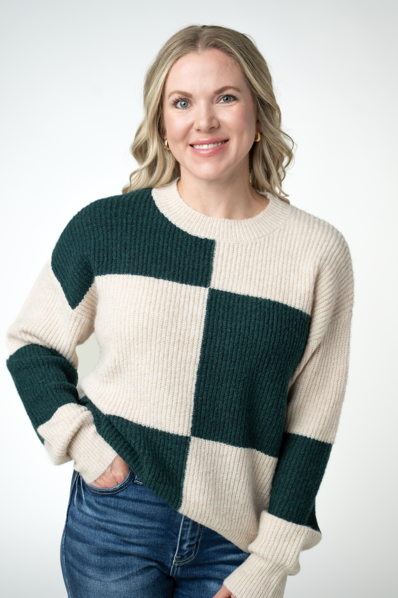 Checkered Block Sweater - Cream and Evergreen