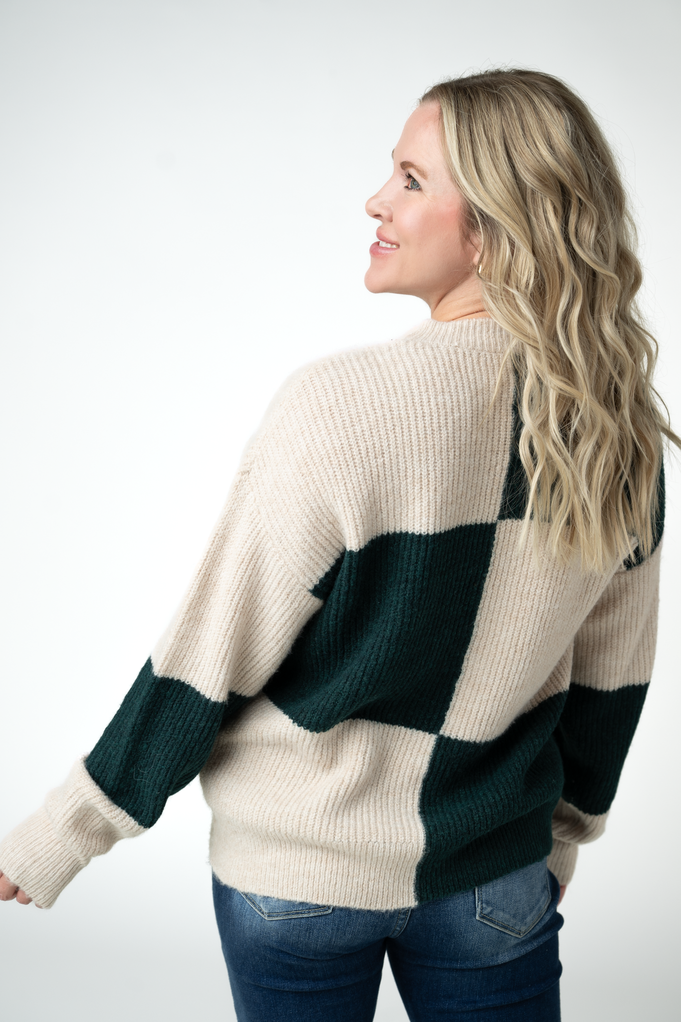Checkered Block Sweater - Cream and Evergreen