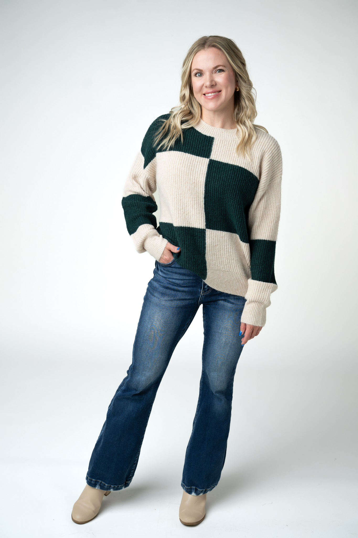 Checkered Block Sweater - Cream and Evergreen