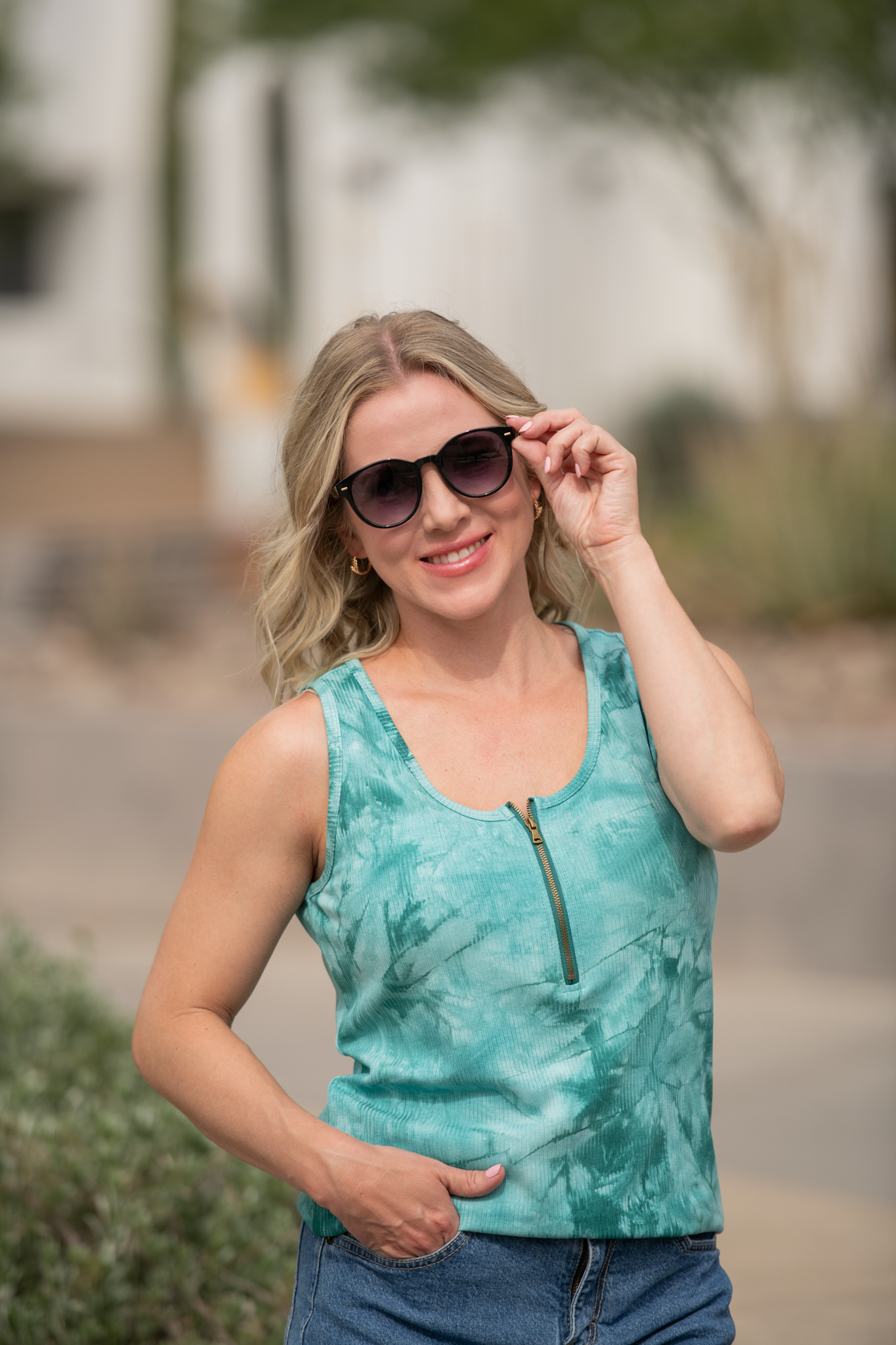Mila Zipper Tank - Teal Tie Dye