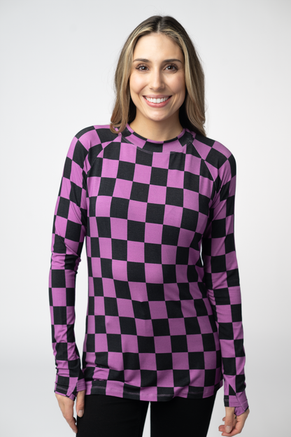Blair Long Sleeve Top - Black and Purple Checkers