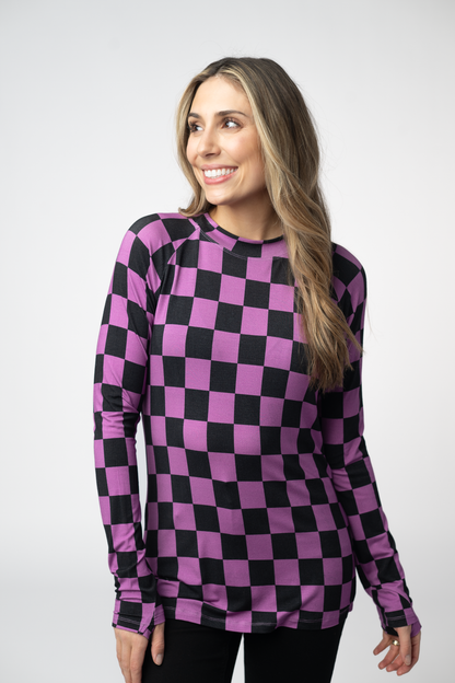 Blair Long Sleeve Top - Black and Purple Checkers