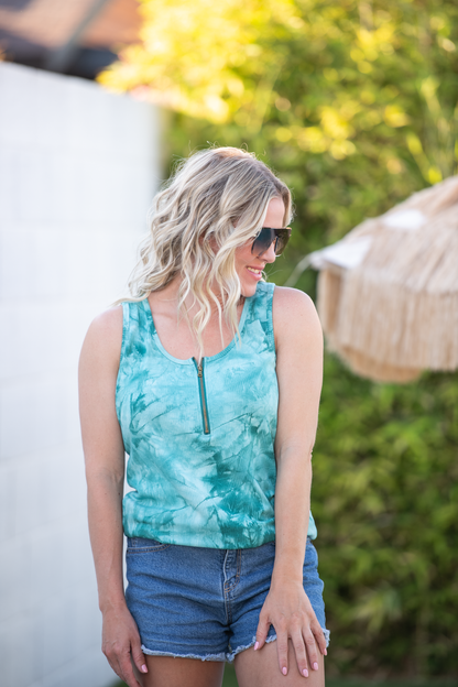 Mila Zipper Tank - Teal Tie Dye