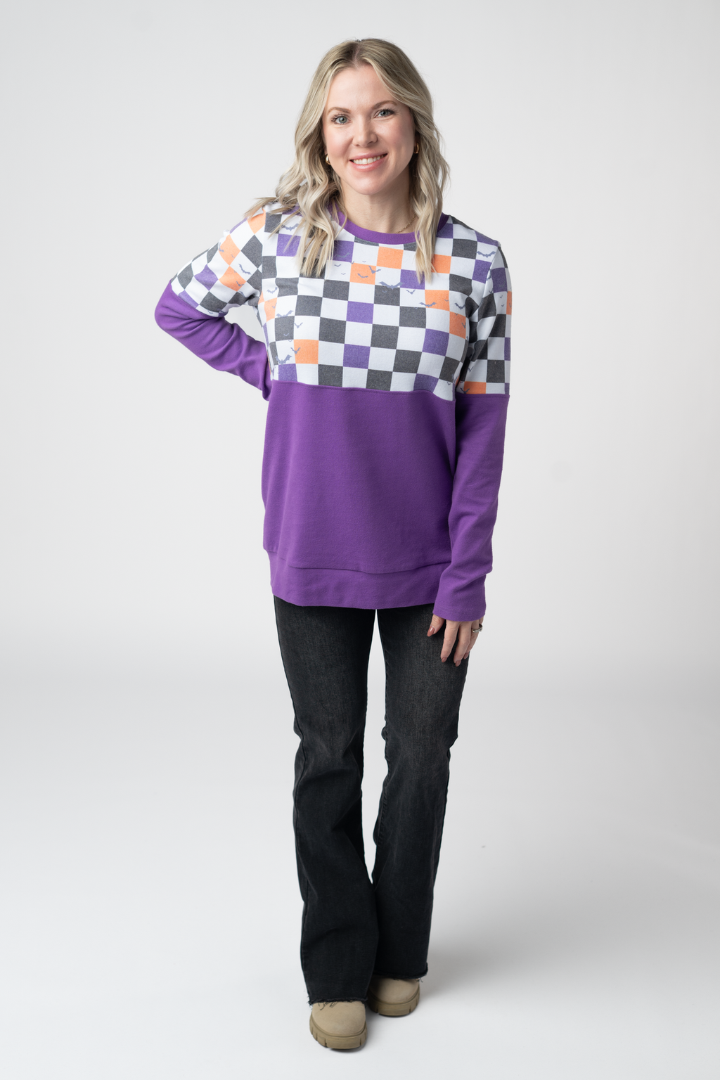Natalie Pullover - Checkered Bats and Purple