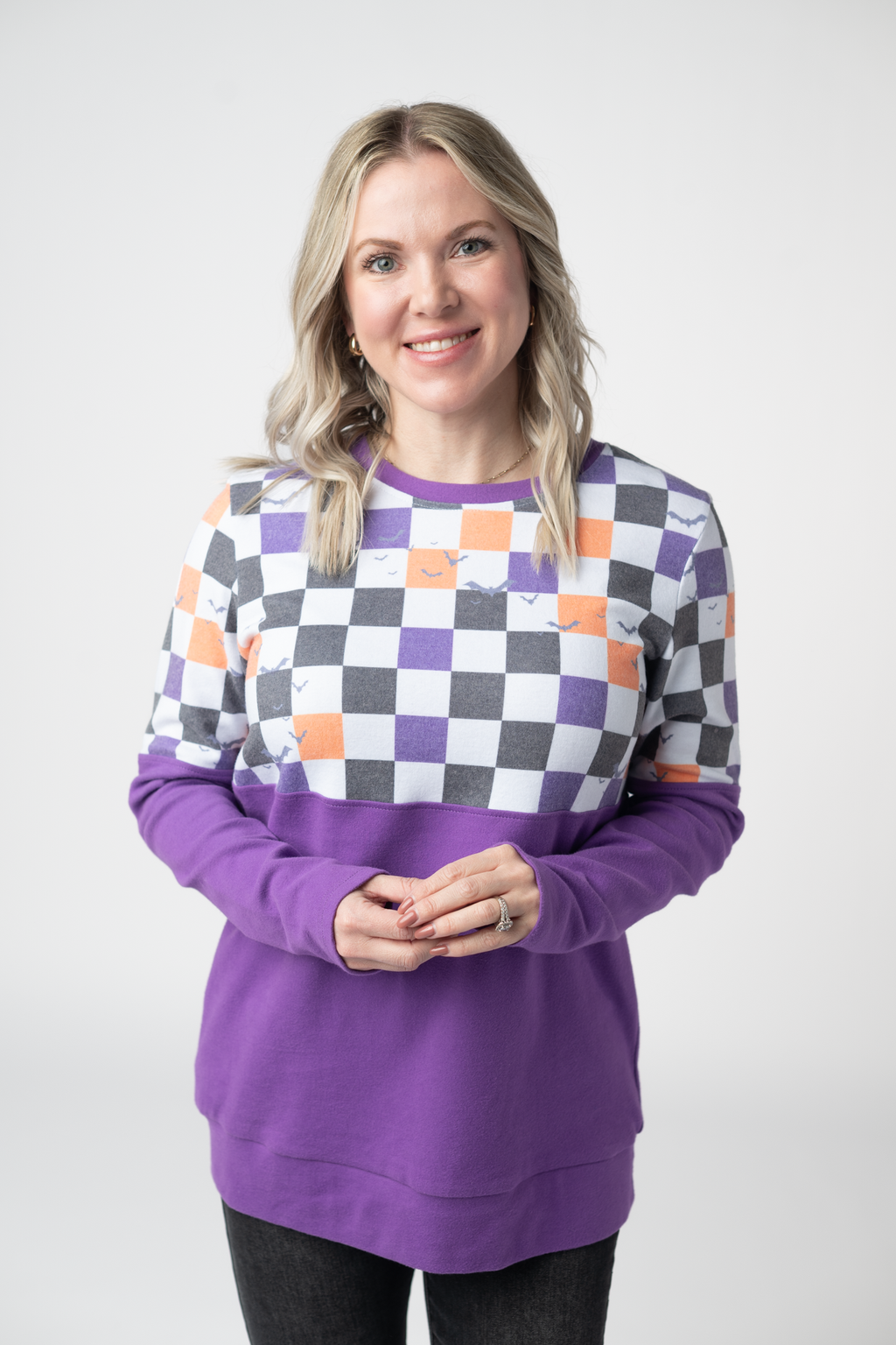 Natalie Pullover - Checkered Bats and Purple