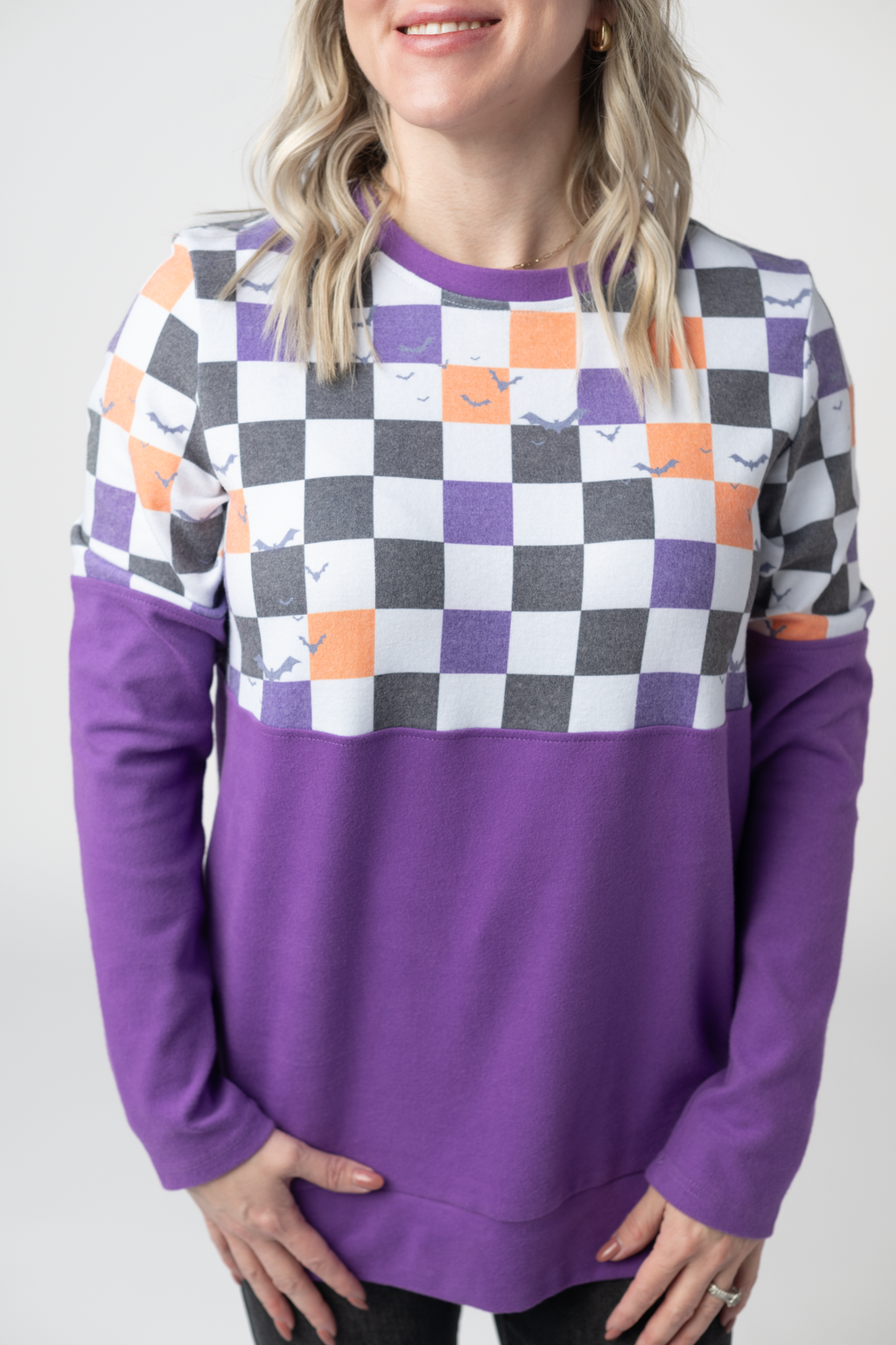 Natalie Pullover - Checkered Bats and Purple