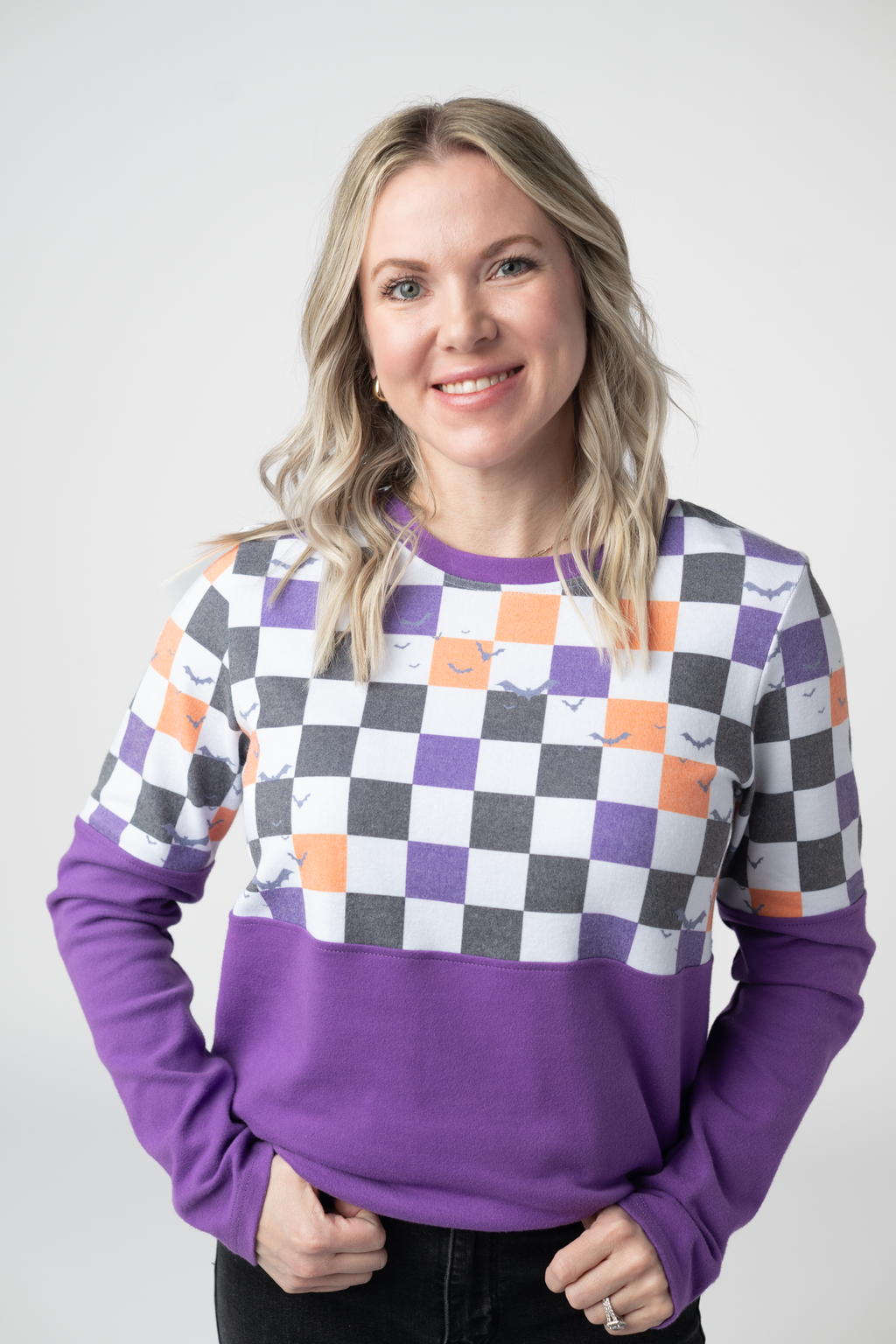 Natalie Pullover - Checkered Bats and Purple