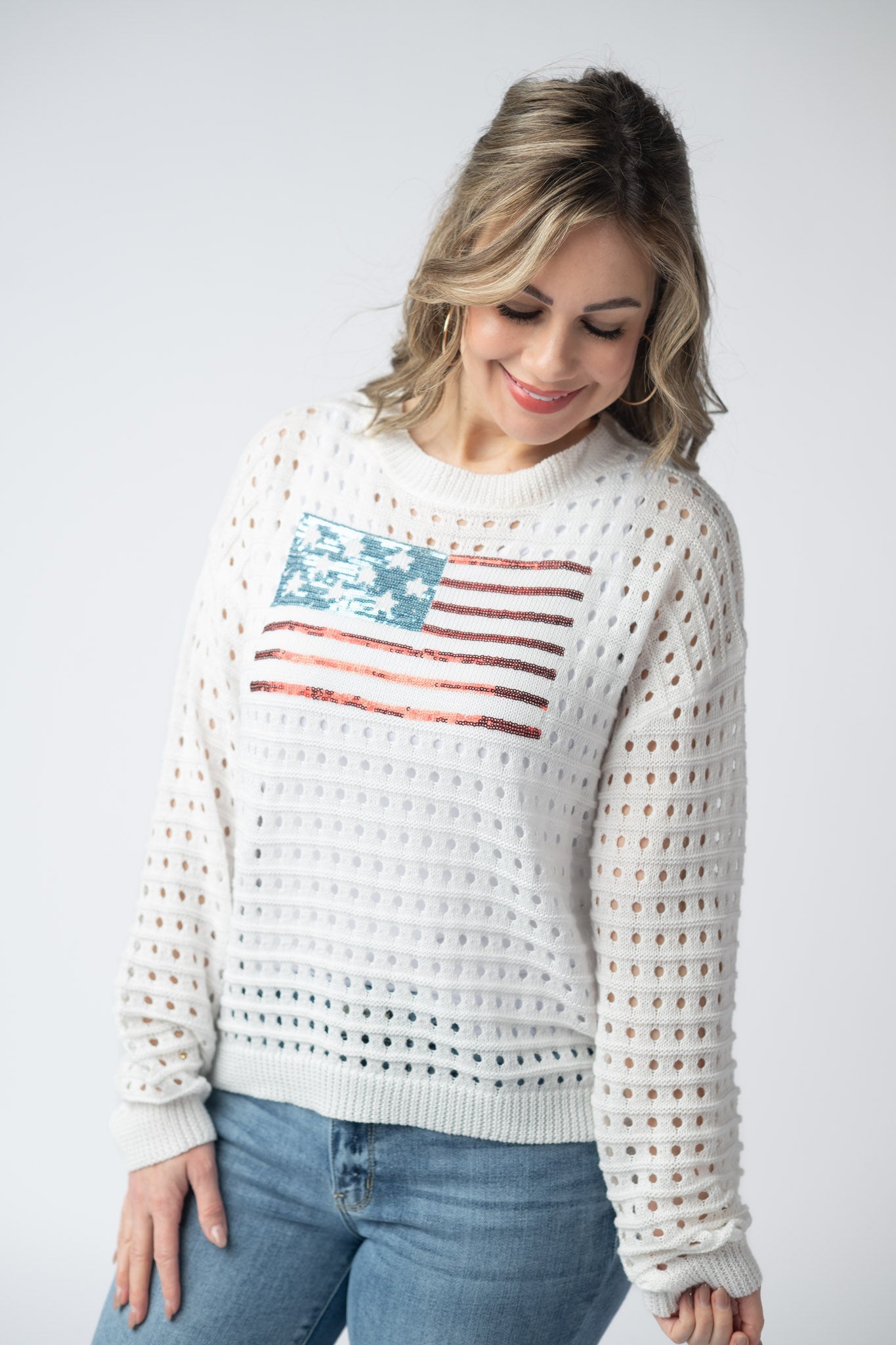 USA Sequin Flag Open Knit Pullover