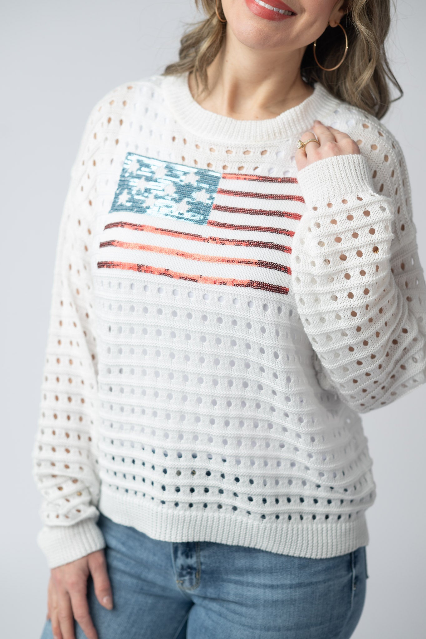 USA Sequin Flag Open Knit Pullover