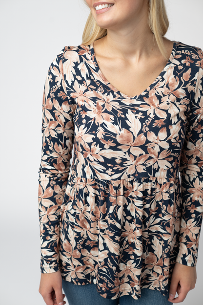 Long Sleeve Sarah Ruffle Top - Navy Autumn Petals