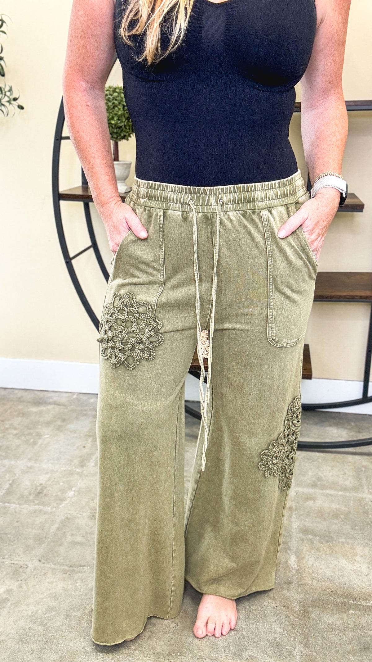 Olive Muse Crochet Patch Pants