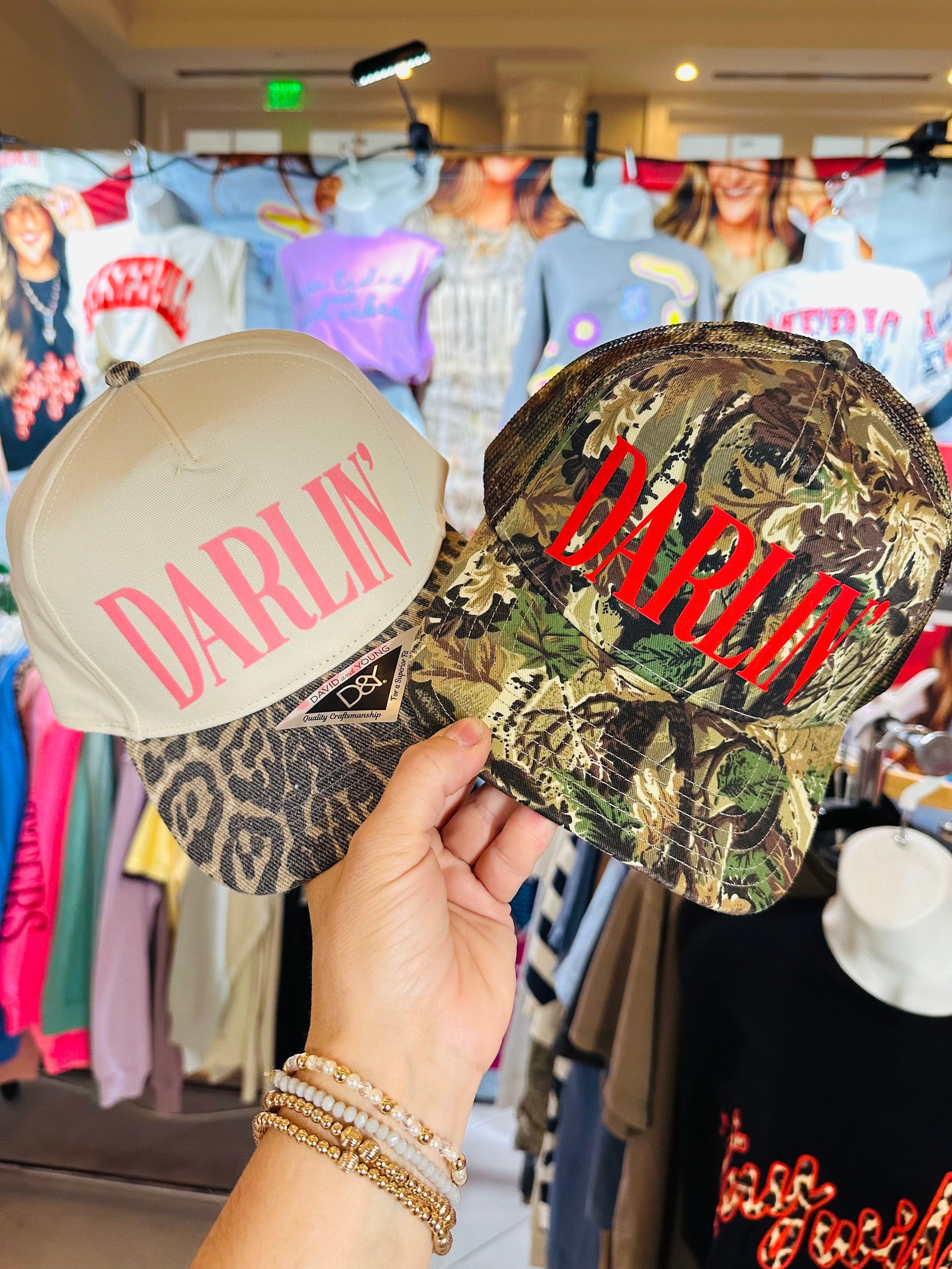 Darlin' (red font) Real Camo Canvas Trucker Hat