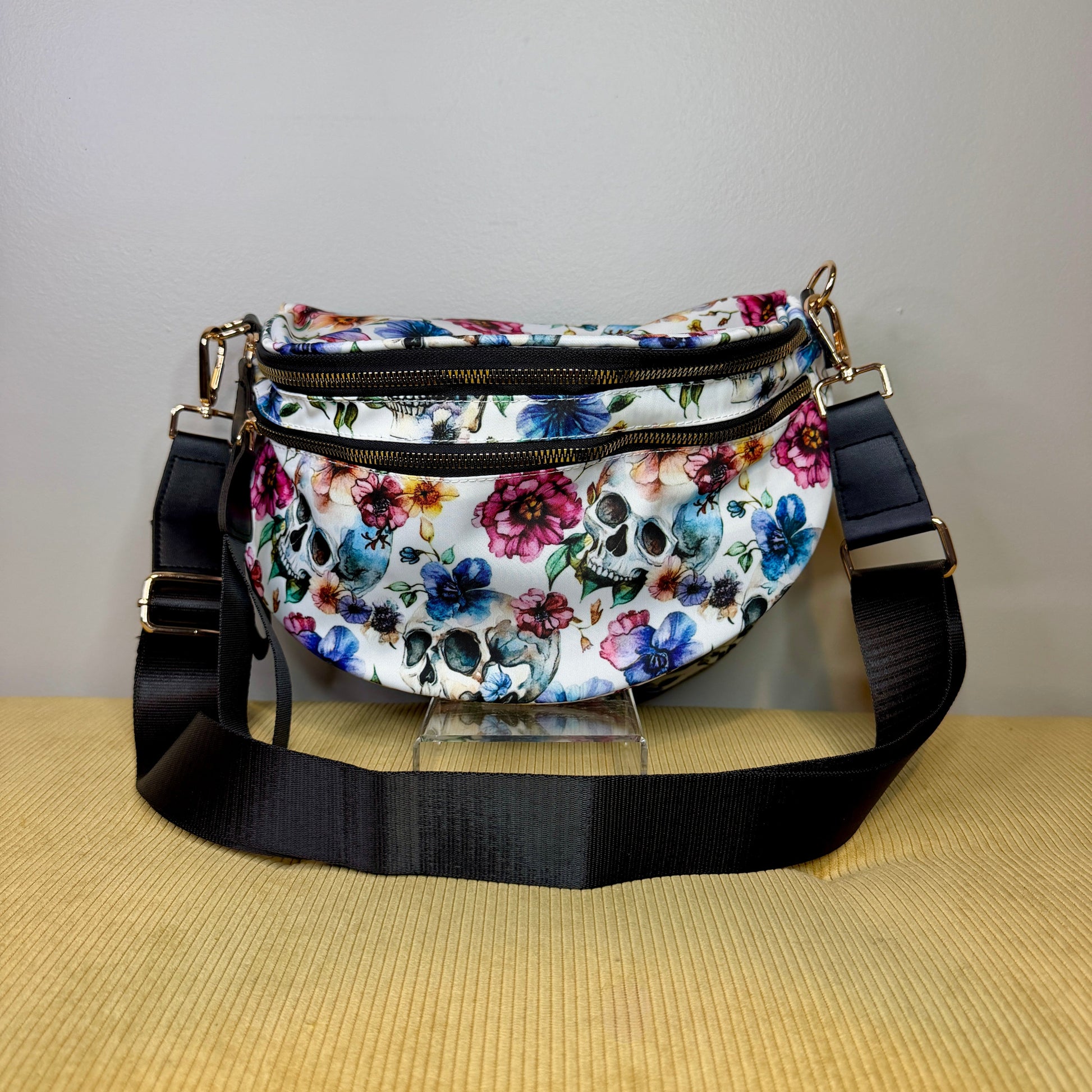 The Roni Nylon Crossbody - Halloween Fall Skull Floral on White