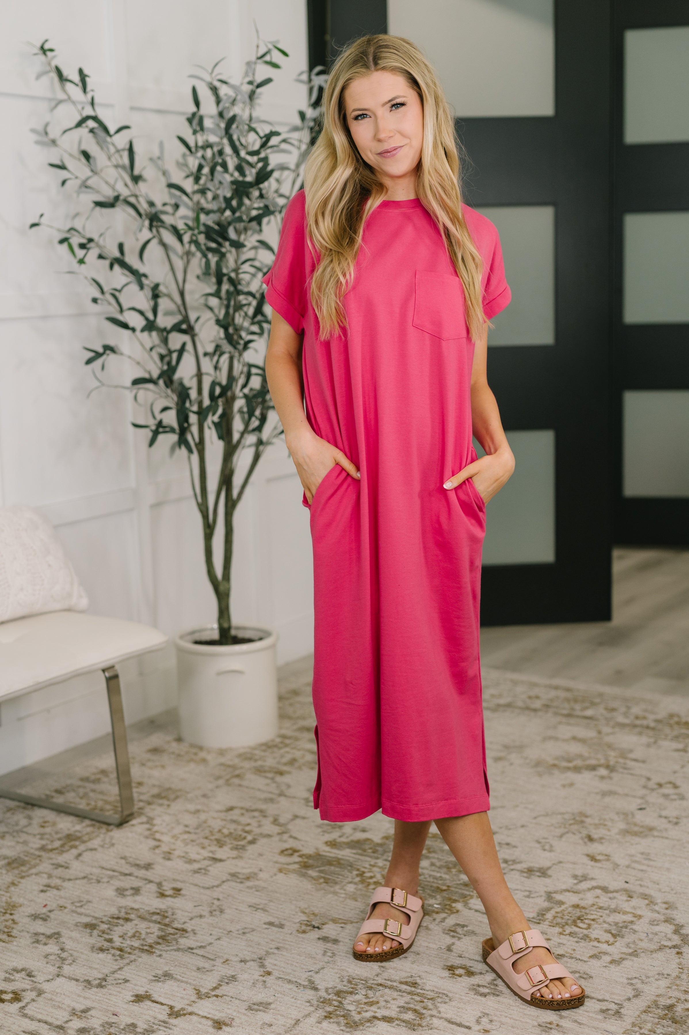Fix You Right Up Short Sleeve Midi Dress in Hot Pink Small