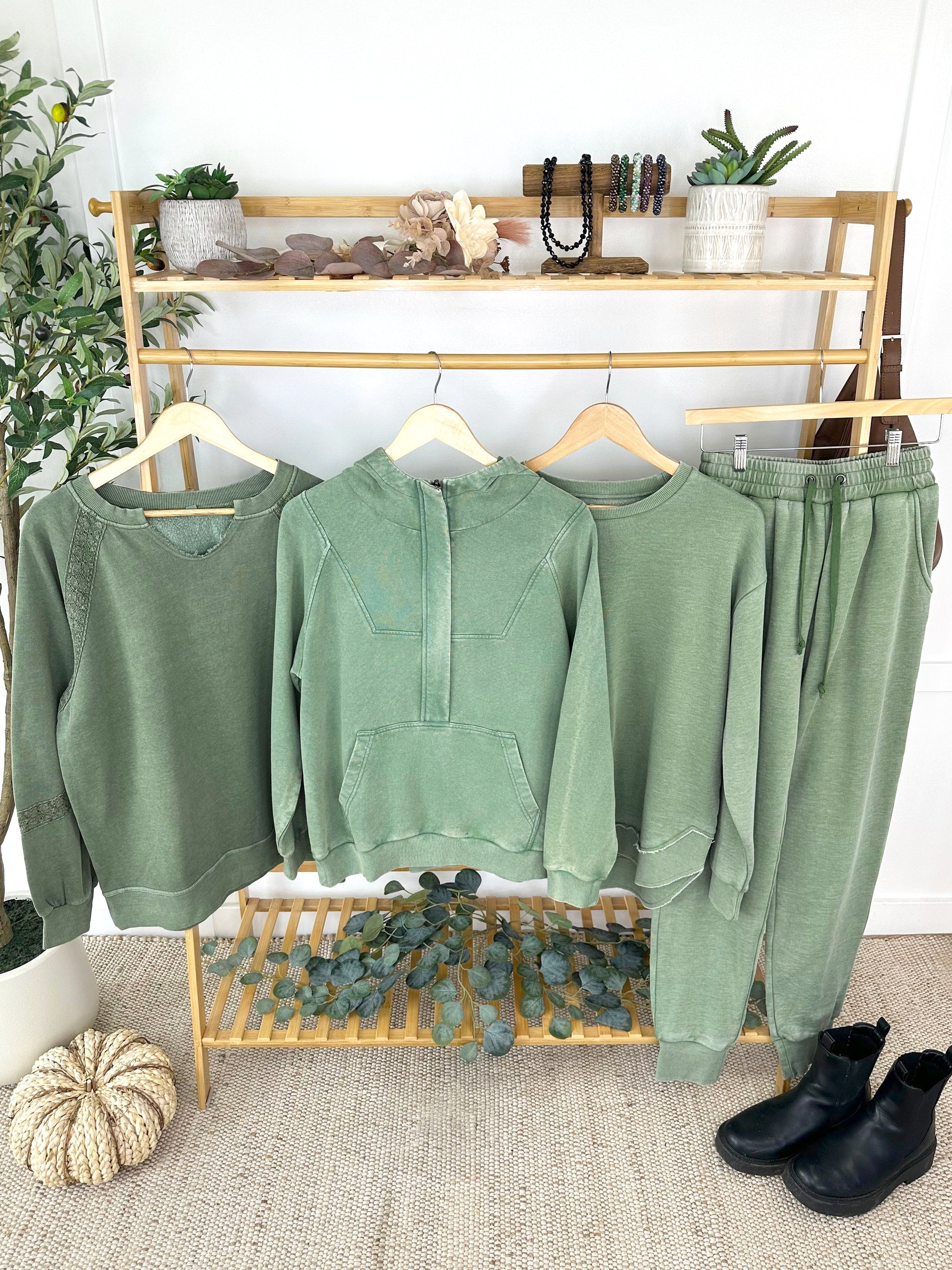 Lace Accent Vintage Wash Pullover - Olive