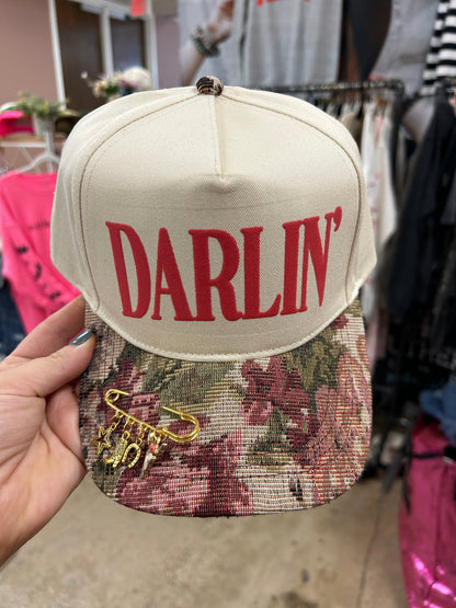Darlin’ Red Vintage Floral Canvas Trucker Hat