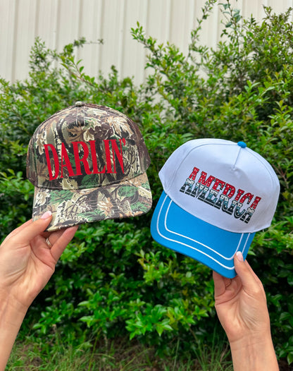 Darlin' (red font) Real Camo Canvas Trucker Hat