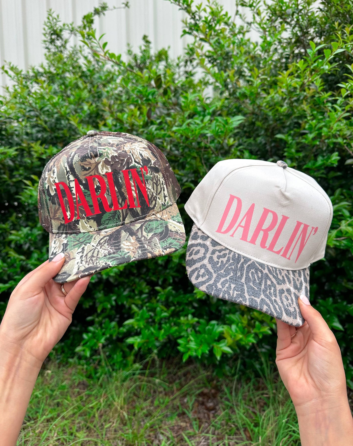 Darlin' (red font) Real Camo Canvas Trucker Hat