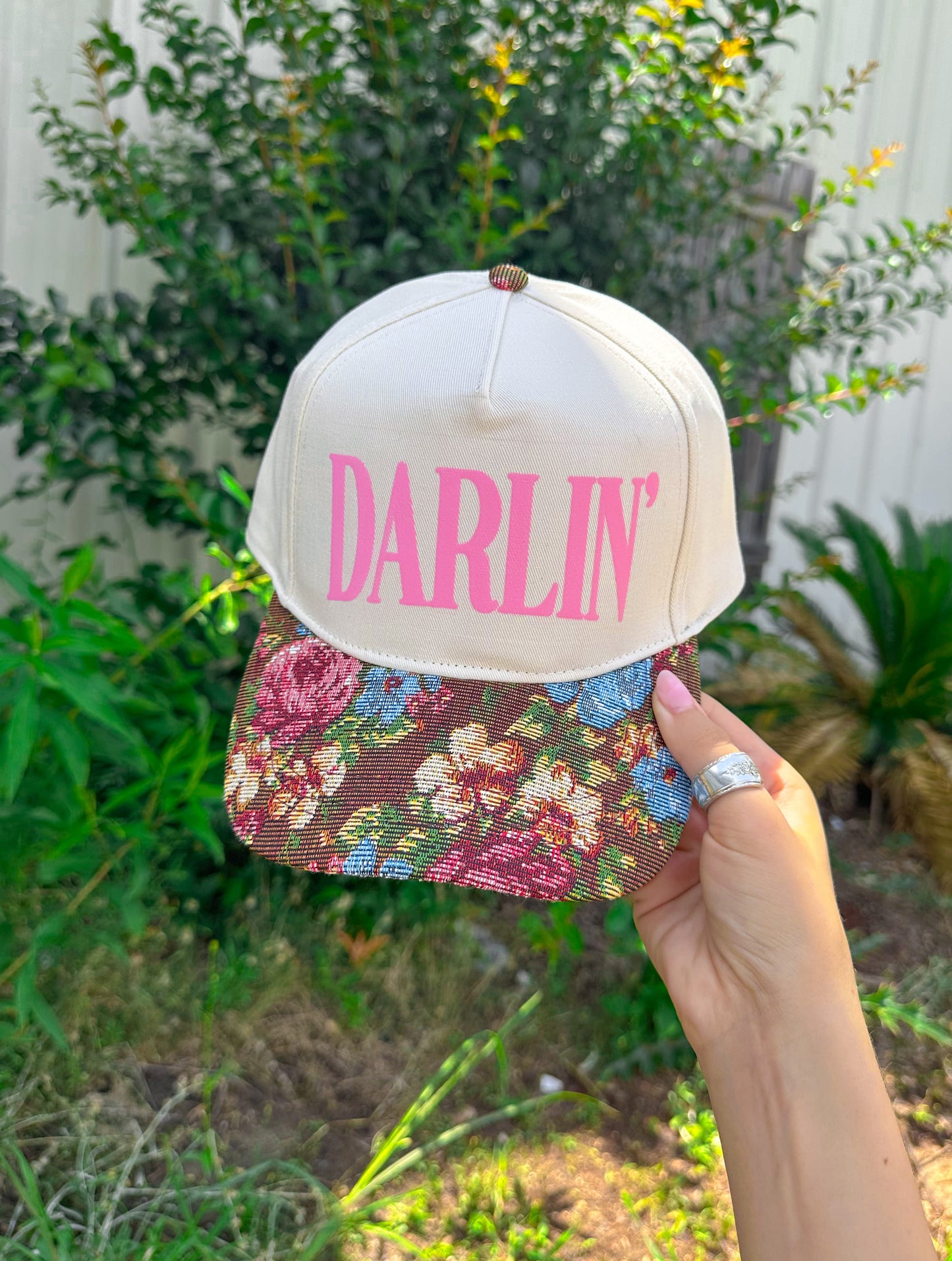 Darlin’ (pink font) Vintage Brown Floral Canvas Trucker Hat