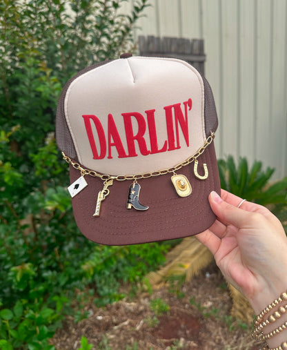 Darlin' (red font) Tan/ Brown Trucker Hat