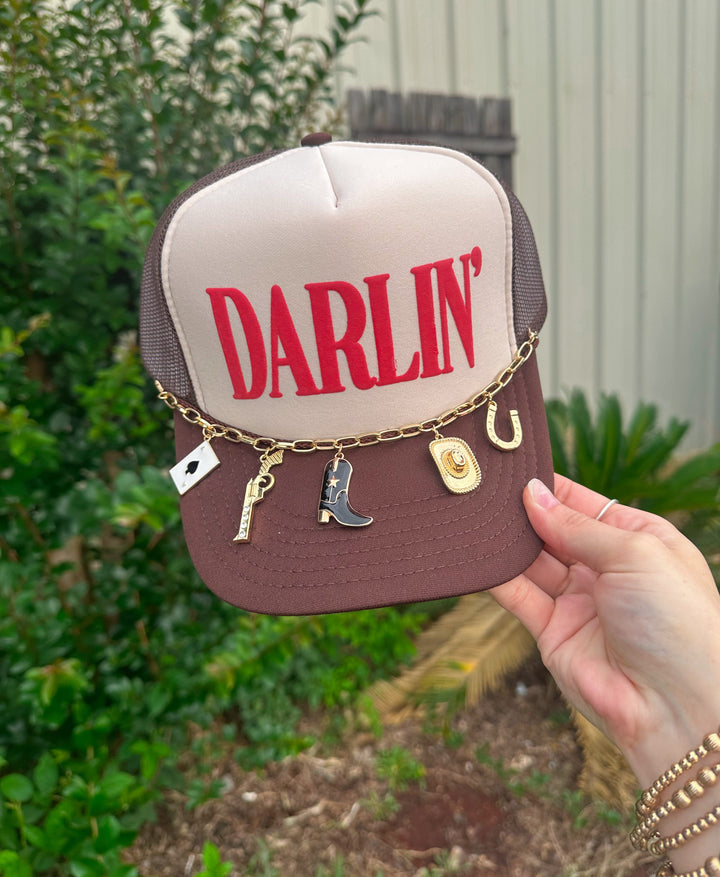 Darlin' (red font) Tan/ Brown Trucker Hat