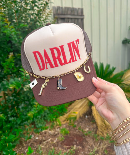 Darlin' (red font) Tan/ Brown Trucker Hat