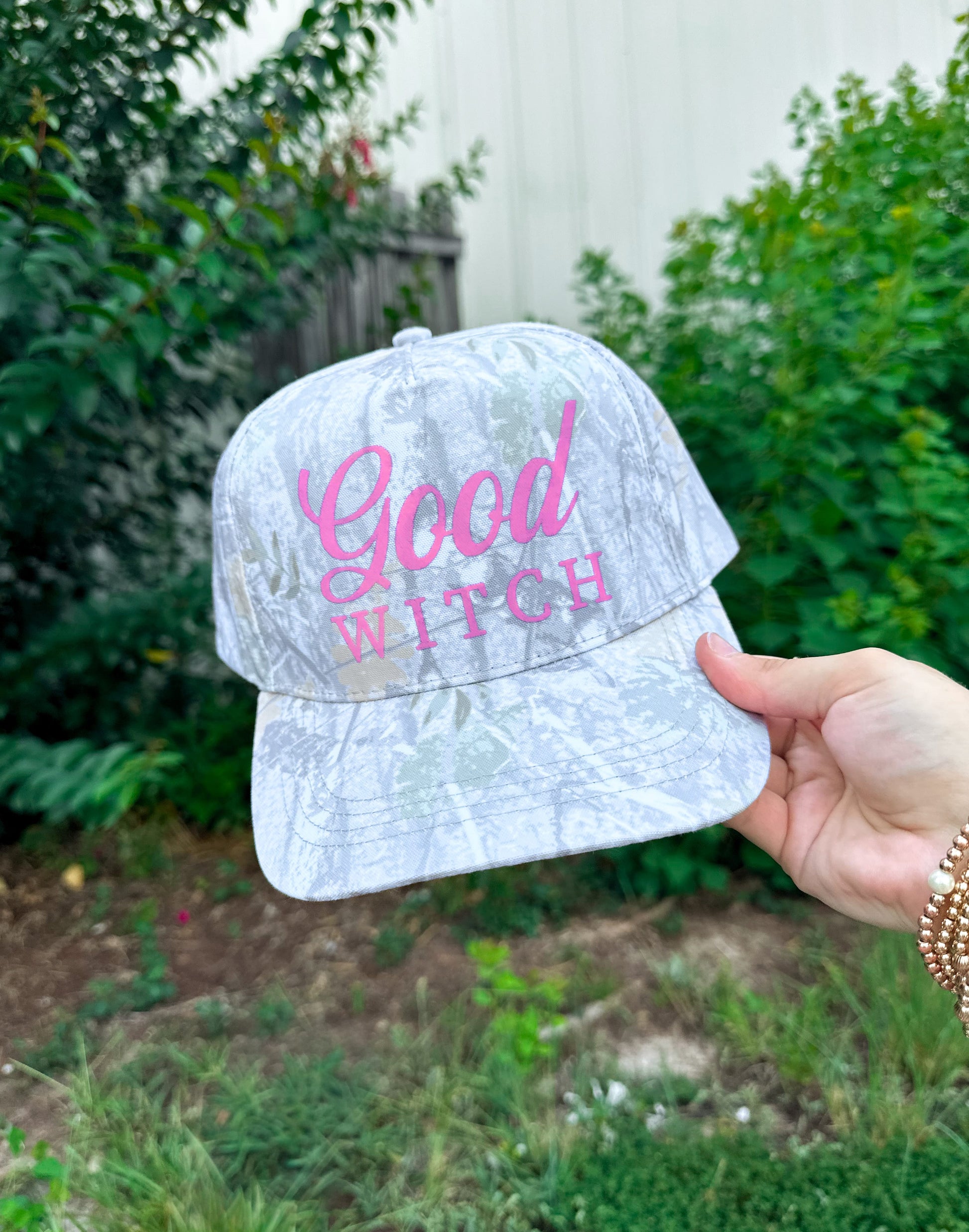 Good Witch (pink font) Washed Camo Canvas Trucker