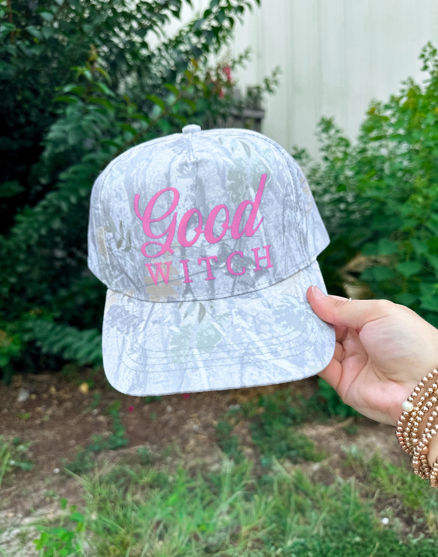 Good Witch (pink font) Washed Camo Canvas Trucker