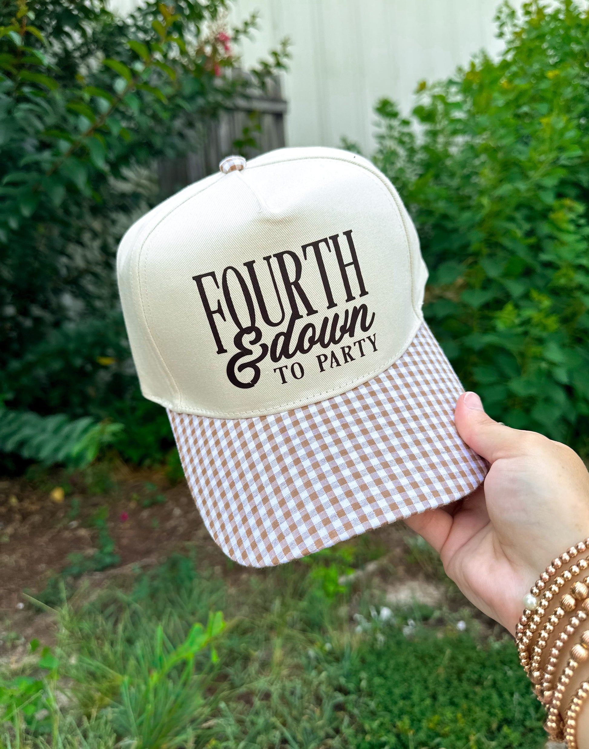 Fourth & Down To Party Khaki/Tan Checkered Trucker Hat