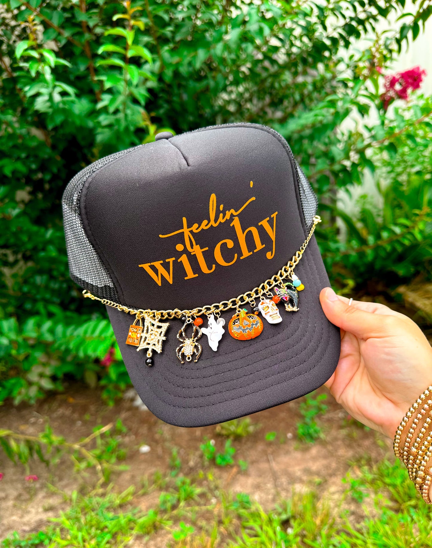 Feelin' Witchy (orange font) Black Trucker