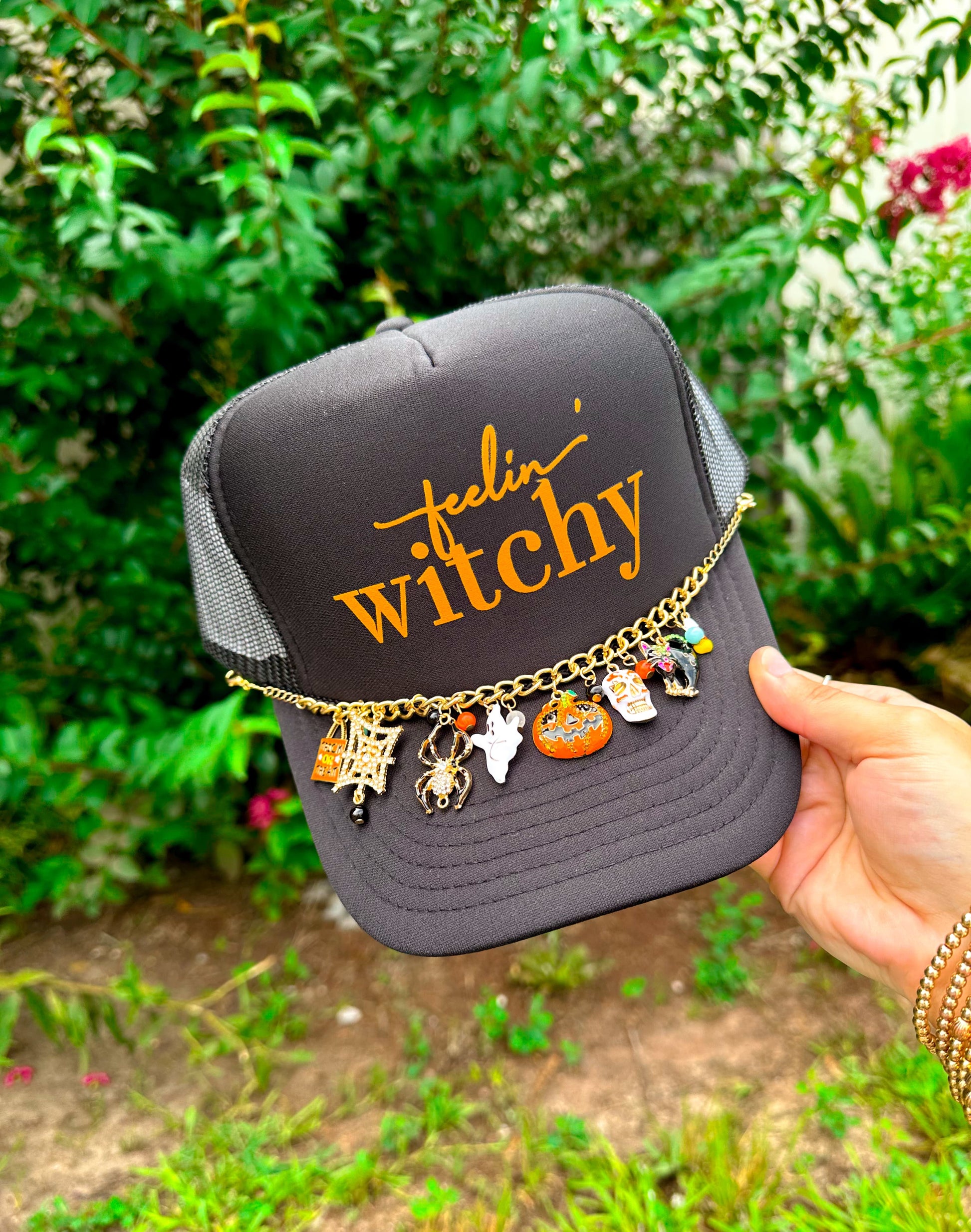 Feelin' Witchy (orange font) Black Trucker