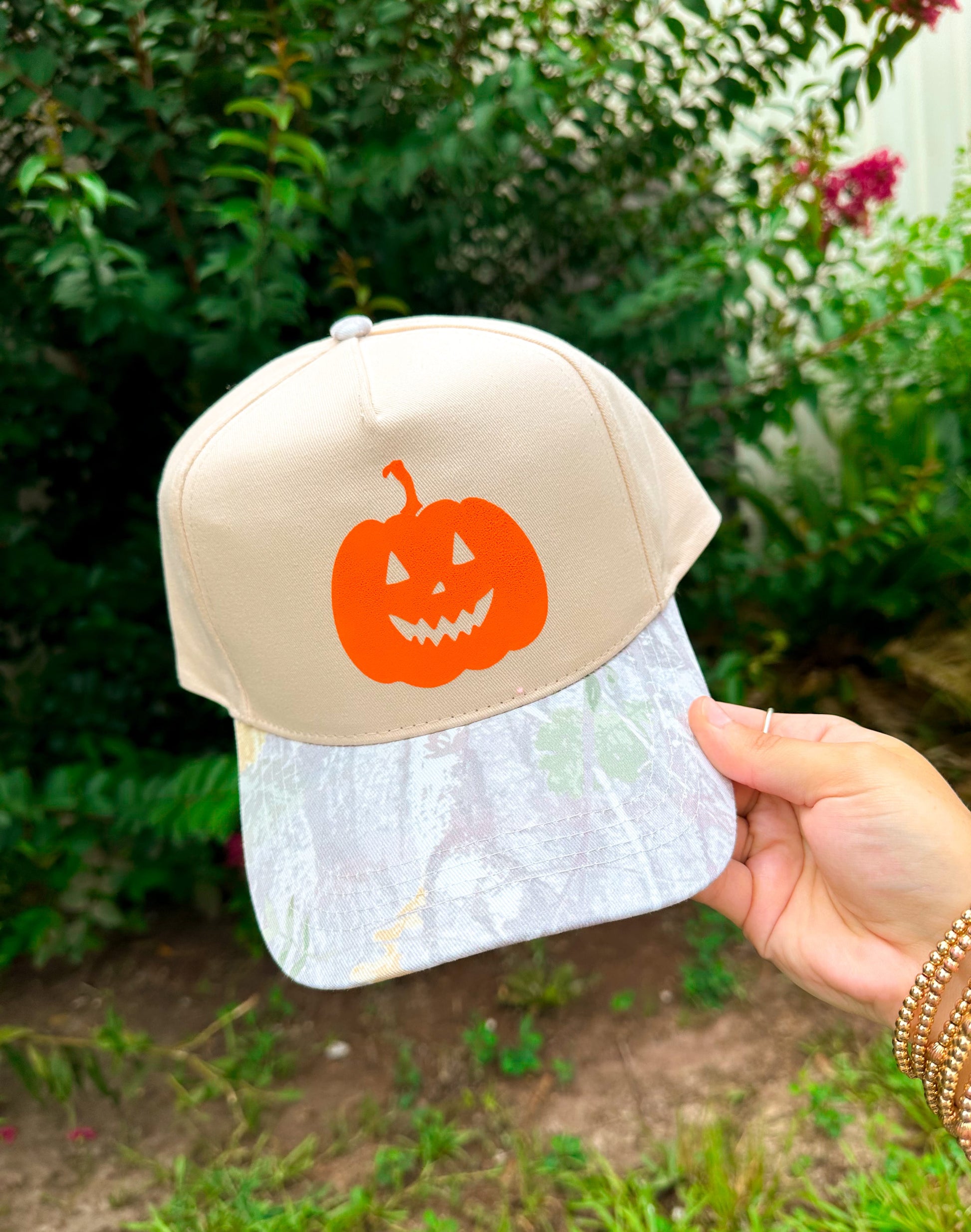 Halloween Pumpkin Khaki/Washed Camo Trucker Hat