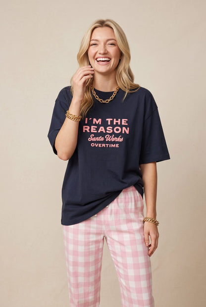 I'm the Reason Santa Works Overtime Mock Neck Tee