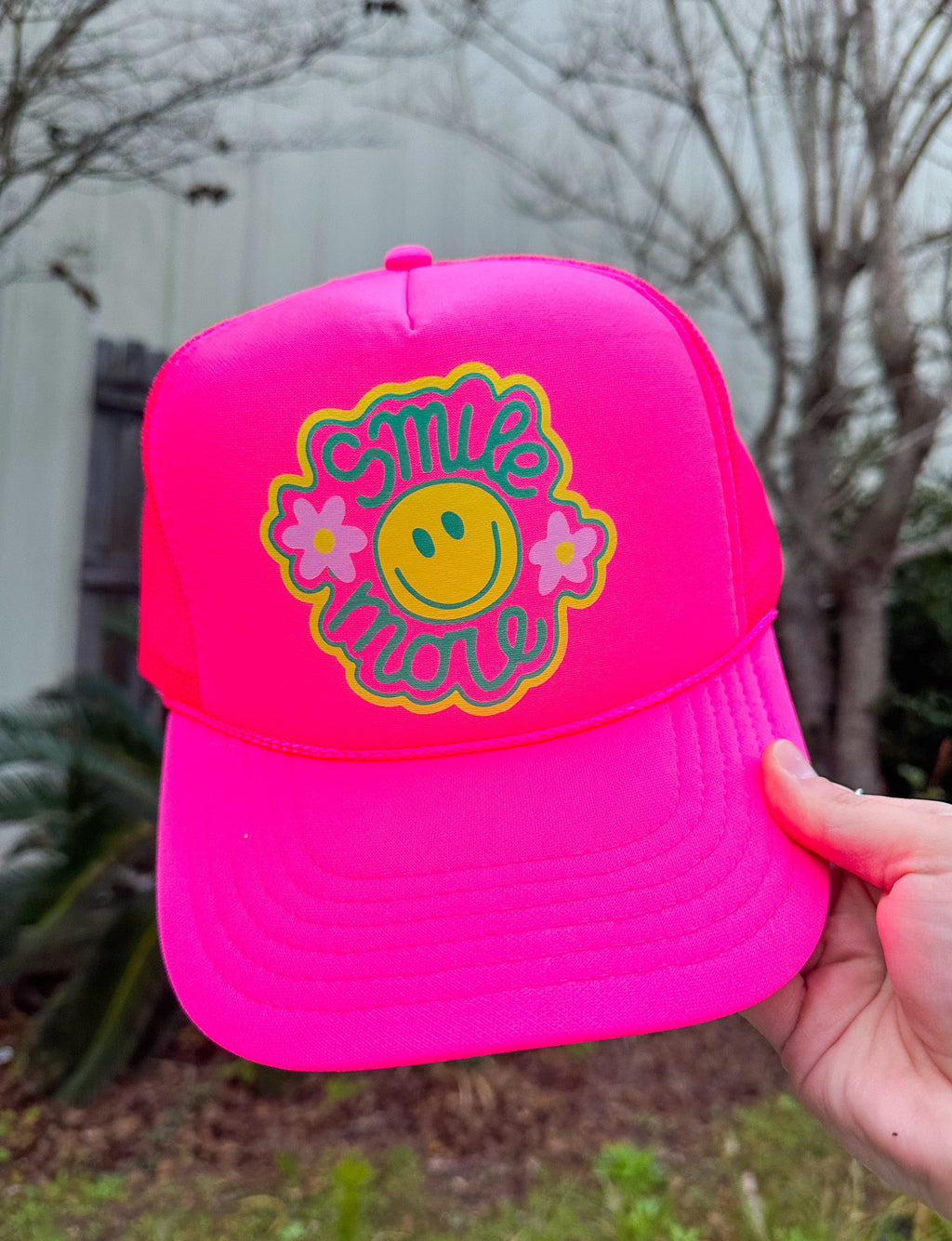Smile More Hot Pink Trucker