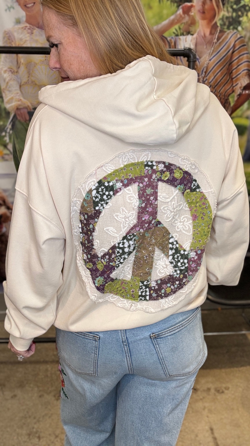 Ecru floral peace patch hoodie back view