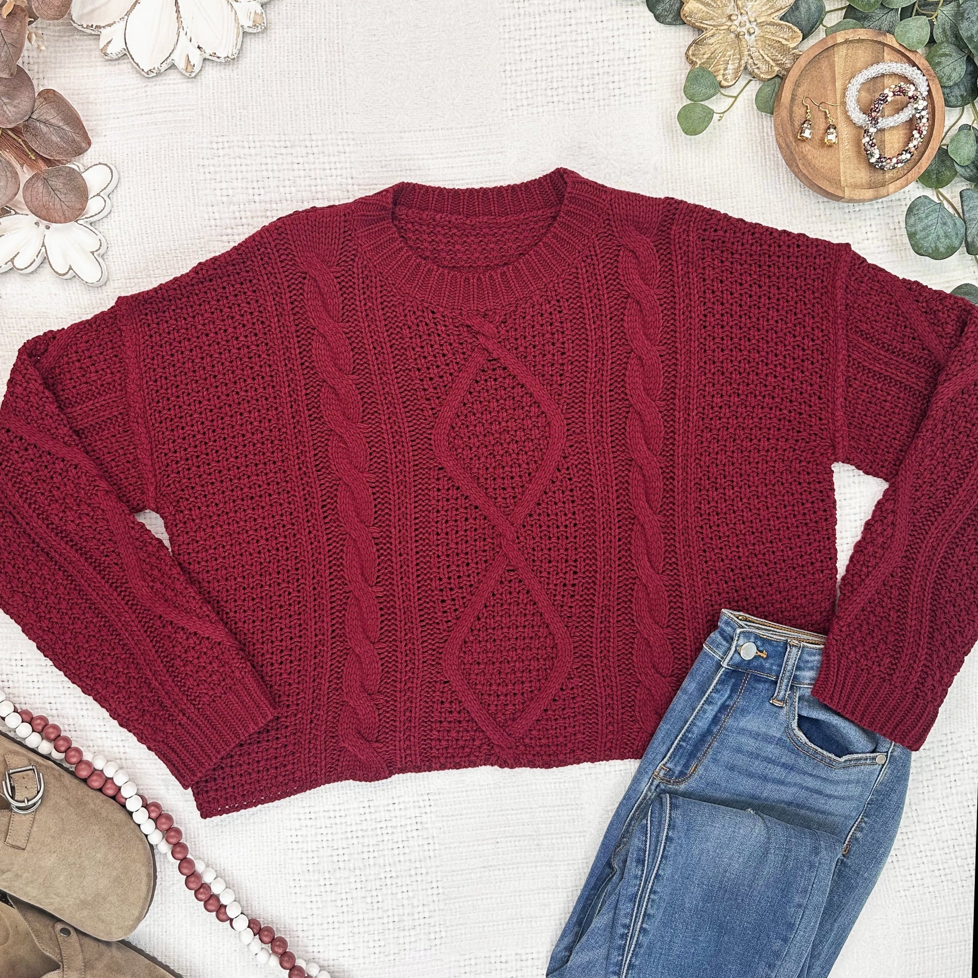 Cable Knit Sweater - Cranberry