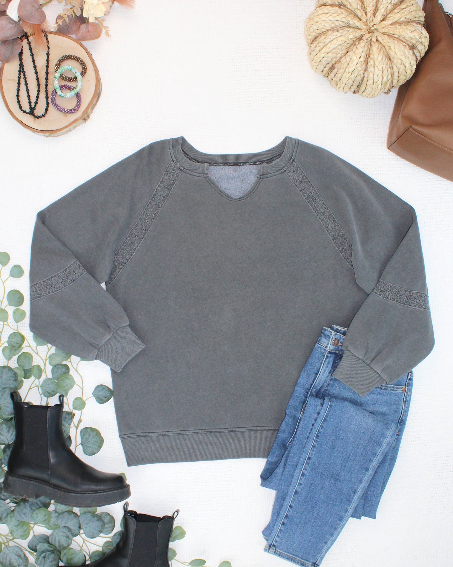 Lace Accent Vintage Wash Pullover - Black